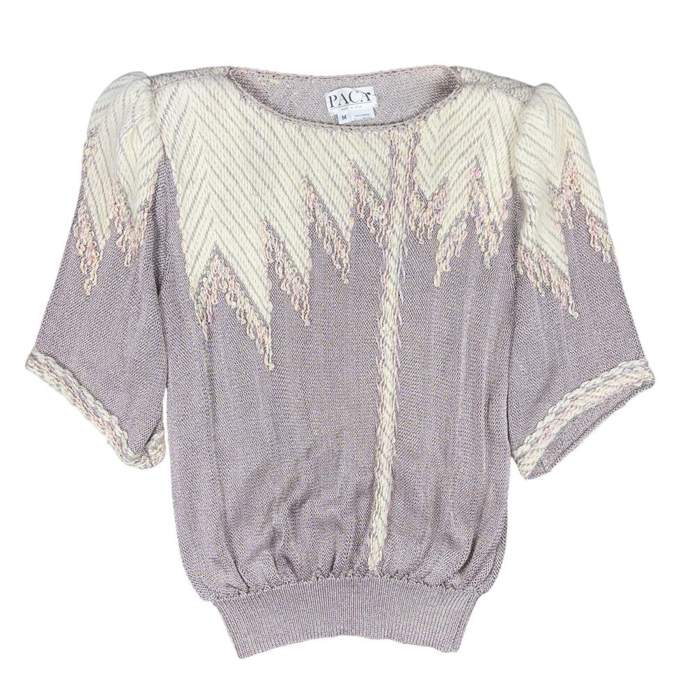 Vintage PACA Knit Top Womens M Silk Blend Shimmer Puff Sleeve USA Made Textured